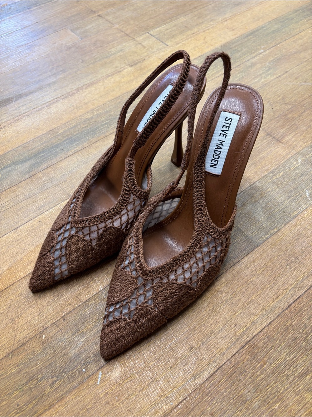 Steve Madden Brown Crochet Slingback Pointed Toe Heels